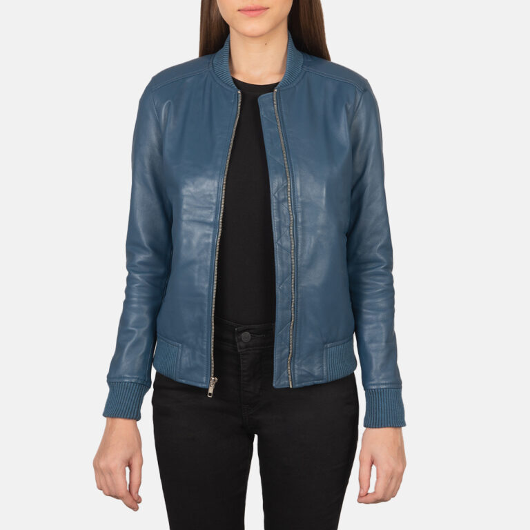 Womens Bliss Blue Leather Bomber Jacket Open Front-4-1659372717276